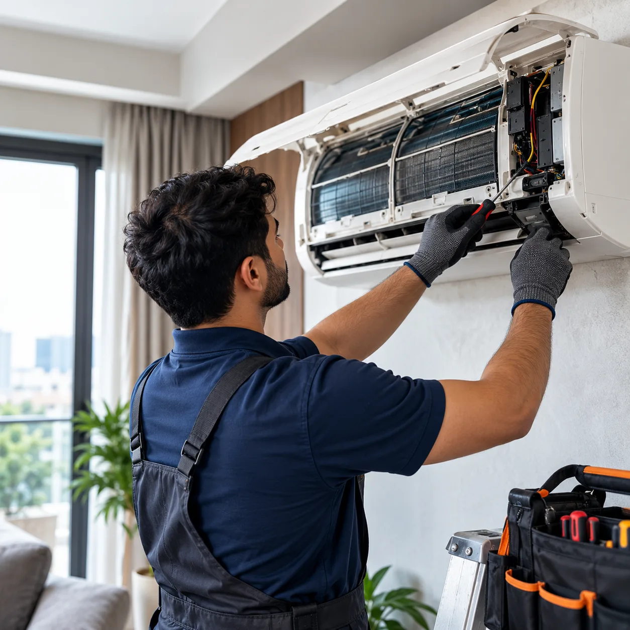 Technician servicing a split AC unit